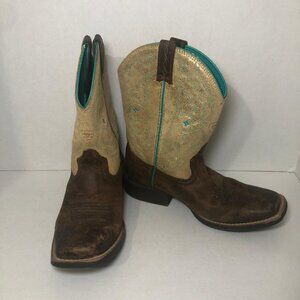 Ariat Girl Cowboy Boot Size 3 Brown Leather Pull On Square Toe Glitter 10025179